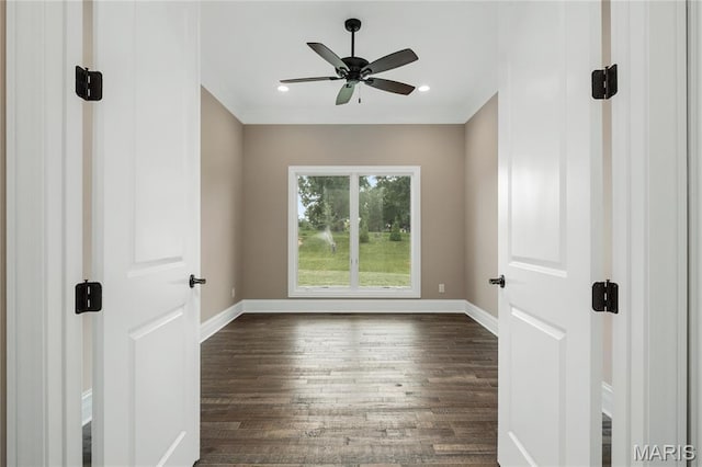 724 Silver Buck Ln, Chesterfield, MO 63005 - empty room featuring dark wood finished floors, ceiling fan, crown molding, and recessed lighting