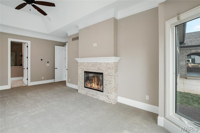 724 Silver Buck Ln, Chesterfield, MO 63005 - unfurnished living room with a fireplace, carpet flooring, a ceiling fan, and ornamental molding