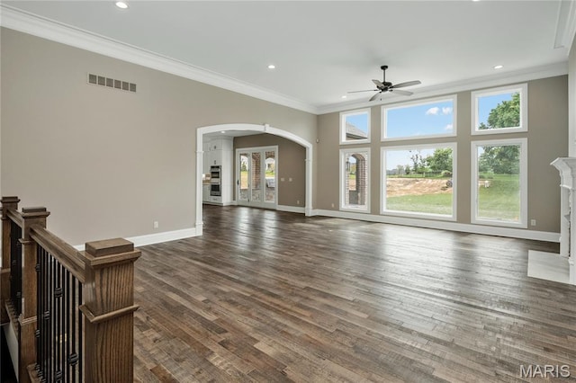 724 Silver Buck Ln, Chesterfield, MO 63005 - unfurnished living room with a ceiling fan, arched walkways, ornamental molding, recessed lighting, and dark wood finished floors