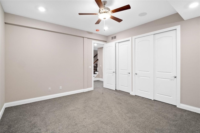 744 Silver Buck Ln, Chesterfield, MO 63005 - unfurnished bedroom with carpet flooring, multiple closets, baseboards, recessed lighting, and a ceiling fan