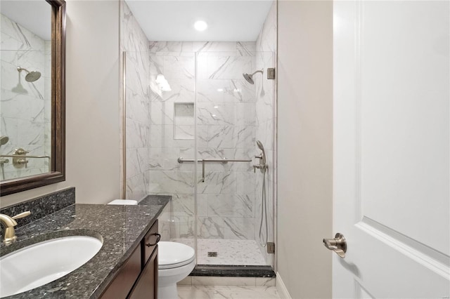 744 Silver Buck Ln, Chesterfield, MO 63005 - full bathroom with marble finish floors, toilet, a marble finish shower, vanity, and recessed lighting