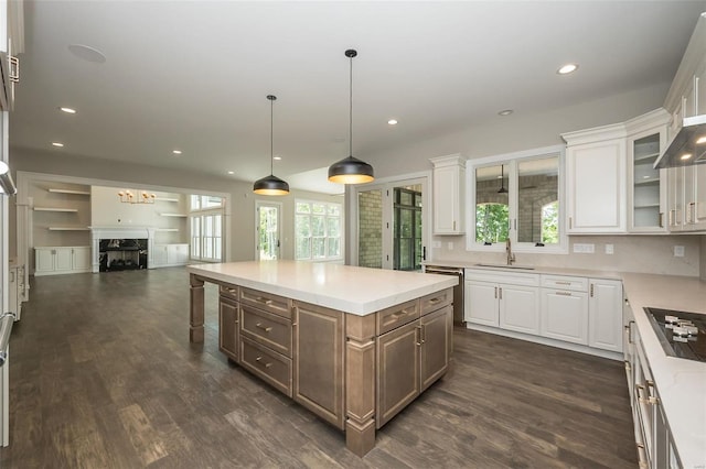 kitchen featuring white cabinets, dark wood-style floors, black cooktop, glass insert cabinets, and light countertops