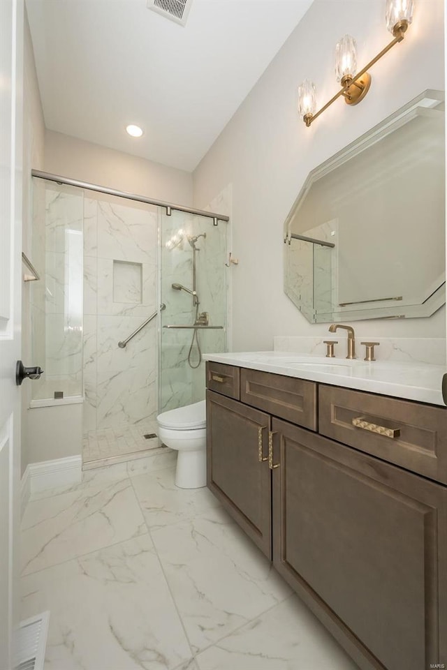 full bathroom with a marble finish shower, toilet, marble look tile flooring, and recessed lighting