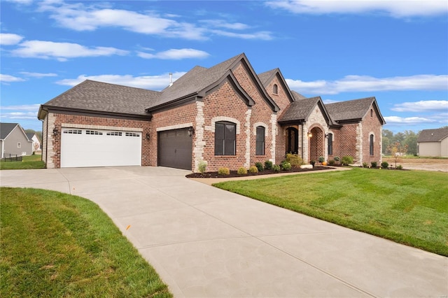 french country inspired facade featuring brick siding, driveway, a garage, a front lawn, and a shingled roof