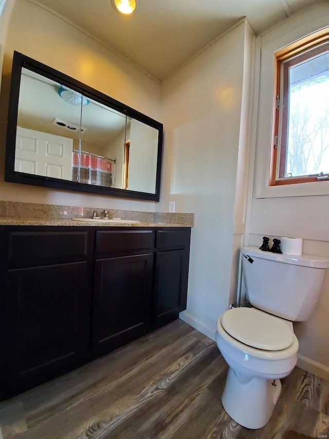 801 S Front St, La Grange, MO 63448 - bathroom featuring wood finished floors, toilet, baseboards, and vanity