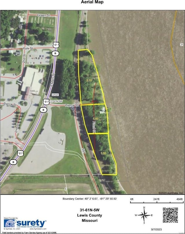801 S Front St, La Grange, MO 63448 - aerial overview of property's location featuring property parcel outlined