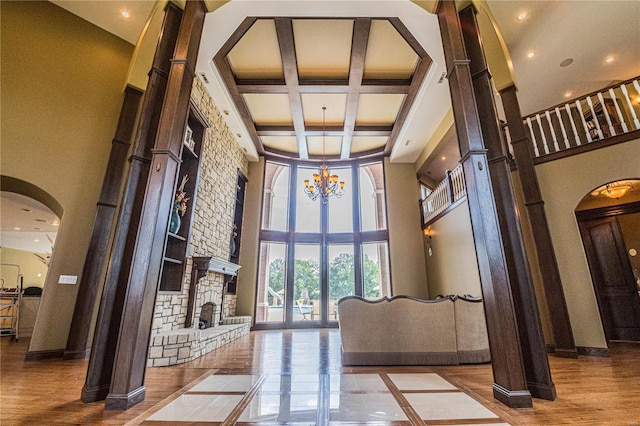 6708 Brown Ln, Poplar Bluff, MO 63901 - lobby featuring a high ceiling, coffered ceiling, beamed ceiling, and recessed lighting