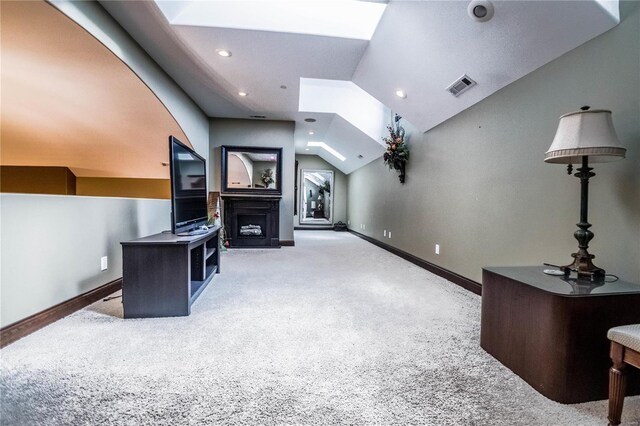 6708 Brown Ln, Poplar Bluff, MO 63901 - unfurnished living room with carpet, lofted ceiling, baseboards, a skylight, and recessed lighting