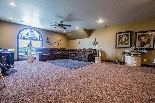 6708 Brown Ln, Poplar Bluff, MO 63901 - living room featuring carpet floors, a ceiling fan, baseboards, recessed lighting, and lofted ceiling