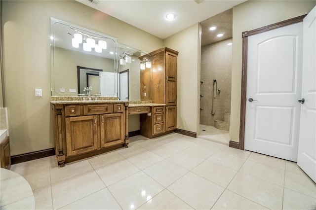 6708 Brown Ln, Poplar Bluff, MO 63901 - bathroom featuring a walk in shower, vanity, tile patterned floors, baseboards, and recessed lighting