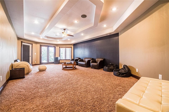6708 Brown Ln, Poplar Bluff, MO 63901 - home theater featuring carpet floors, a ceiling fan, a raised ceiling, recessed lighting, and baseboards