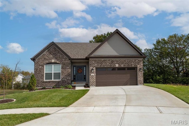 4 Challenger Ct, Ofallon, MO 63366 - view of front of property featuring brick siding, concrete driveway, a front lawn, a garage, and a shingled roof