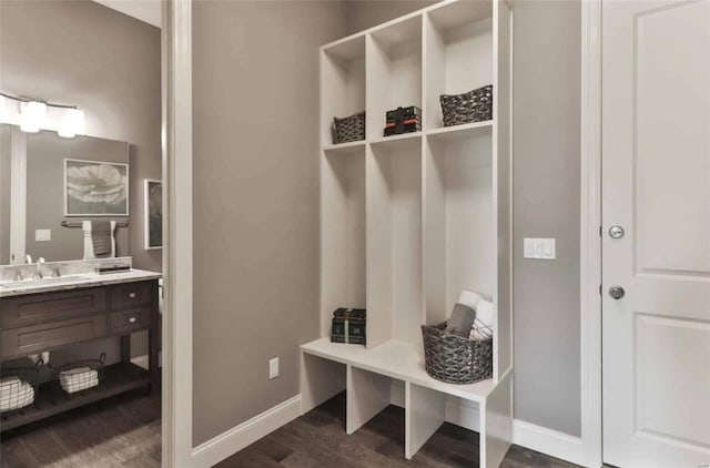 2632 Center Ave, Wildwood, MO 63040 - mudroom with dark wood-style flooring, baseboards, and a sink