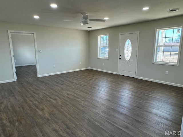 902 C St, Malden, MO 63863 - foyer with ceiling fan, dark wood finished floors, baseboards, and recessed lighting