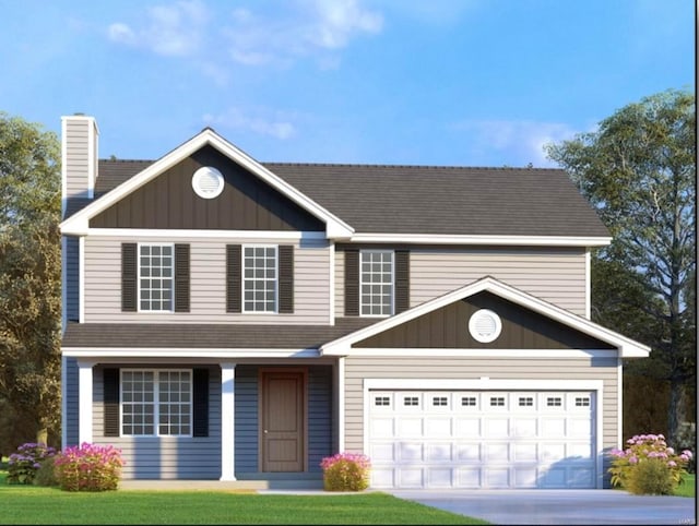 286 Nicole Dr, Caseyville, IL 62232 - traditional home featuring an attached garage, a porch, a chimney, and driveway