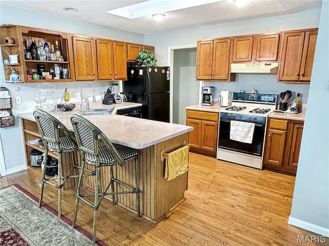 21 Forest Ln, Union, MO 63084 - kitchen with under cabinet range hood, a sink, gas stove, freestanding refrigerator, and light countertops