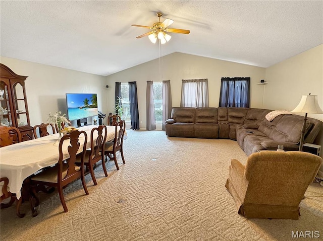 21 Forest Ln, Union, MO 63084 - living room with light carpet, lofted ceiling, ceiling fan, and a textured ceiling