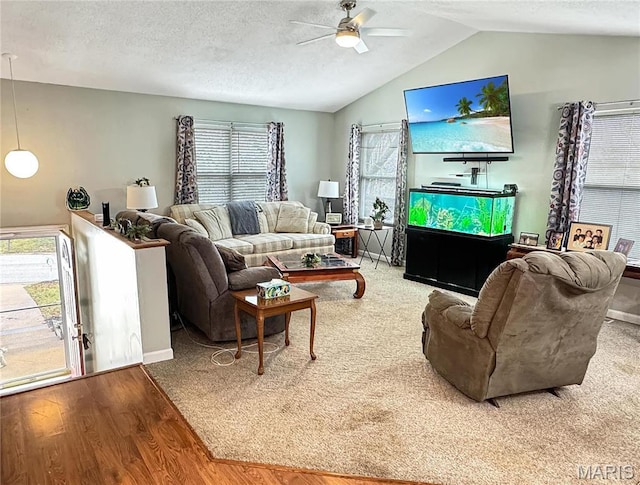21 Forest Ln, Union, MO 63084 - living area with ceiling fan, wood finished floors, vaulted ceiling, plenty of natural light, and a textured ceiling