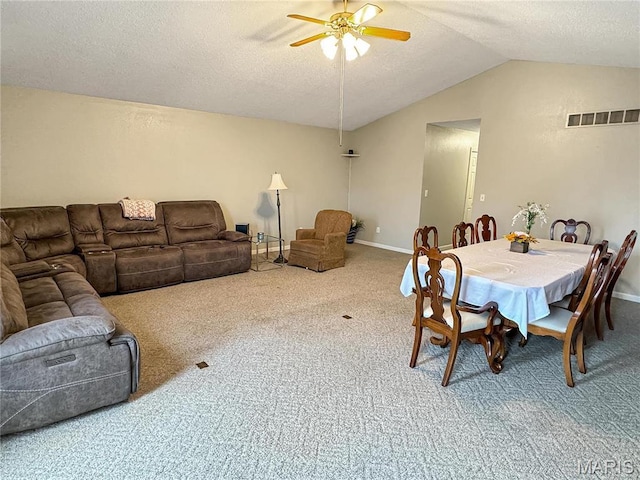 21 Forest Ln, Union, MO 63084 - carpeted dining area featuring a ceiling fan, vaulted ceiling, a textured ceiling, and baseboards