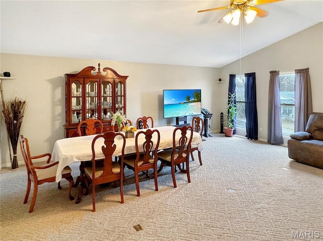 21 Forest Ln, Union, MO 63084 - dining space with light colored carpet, lofted ceiling, a ceiling fan, and baseboards
