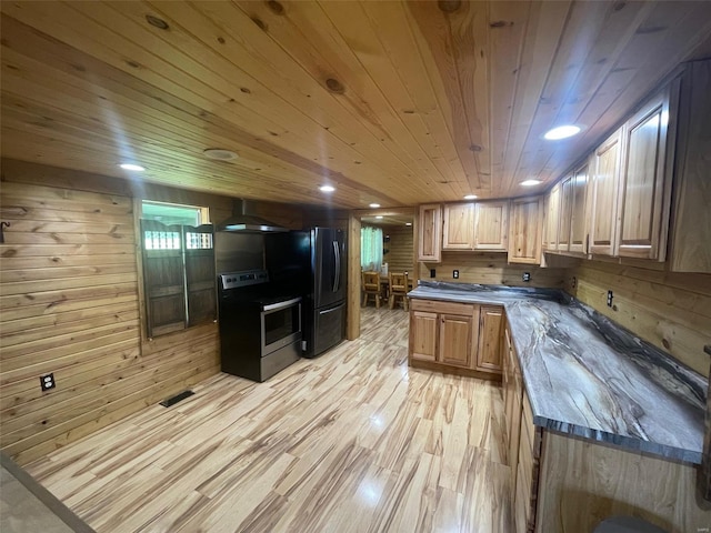2268 Madison 244, Fredericktown, MO 63645 - kitchen featuring electric stove, wooden ceiling, light wood-style floors, wood walls, and freestanding refrigerator