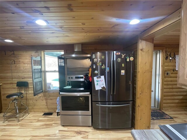 2268 Madison 244, Fredericktown, MO 63645 - kitchen featuring appliances with stainless steel finishes, wall chimney range hood, wood ceiling, light wood-style flooring, and wooden walls