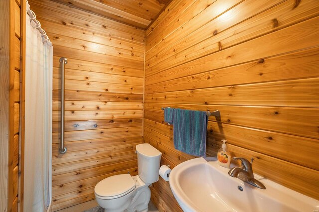 272 NE 1350th Ave, Greenfield, IL 62044 - full bathroom with a sink, toilet, a shower with curtain, and wood walls