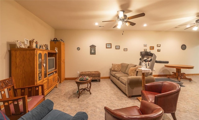 272 NE 1350th Ave, Greenfield, IL 62044 - living room with a ceiling fan, recessed lighting, baseboards, and light colored carpet