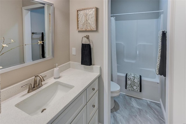 bathroom with toilet, vanity, and shower / bath combination with curtain