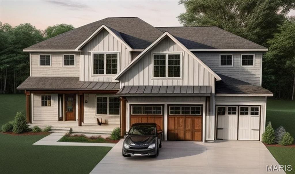 view of front facade featuring a porch, an attached garage, driveway, board and batten siding, and a standing seam roof