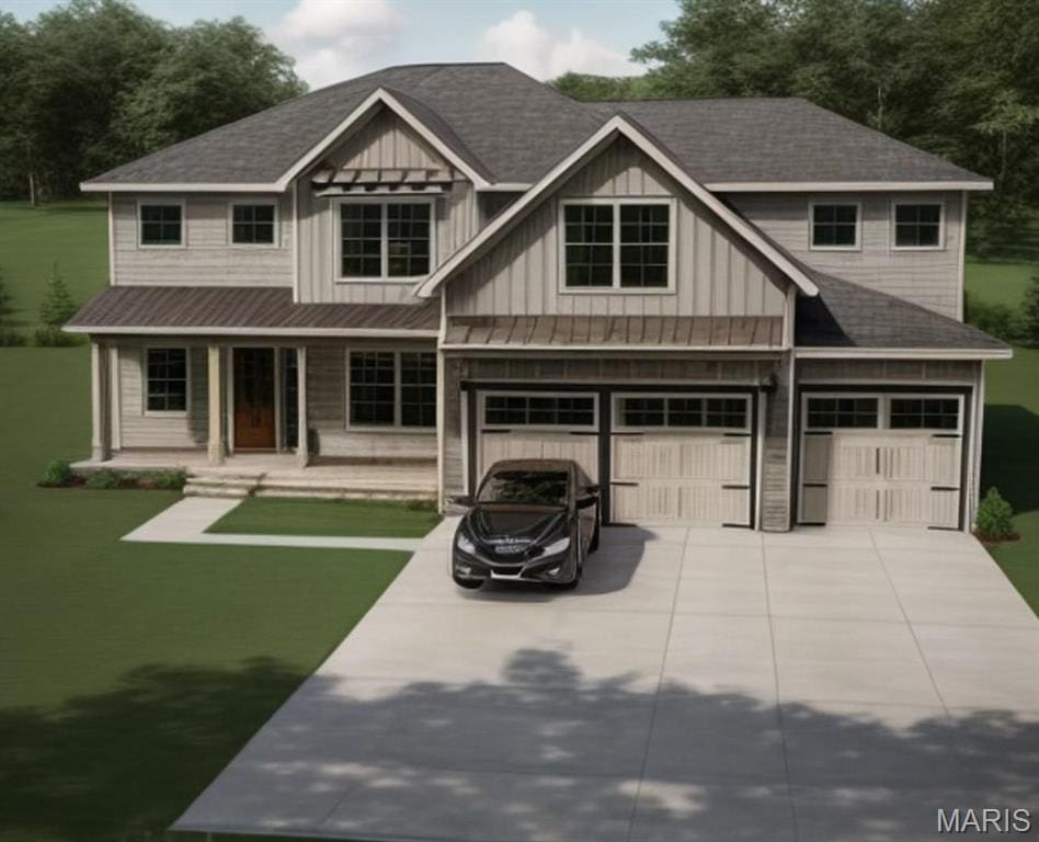 view of front of property with a garage, board and batten siding, driveway, covered porch, and a front yard