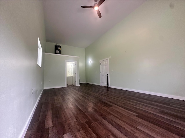 29455 State Highway Ac, Lebanon, MO 65536 - unfurnished living room with a ceiling fan, dark wood-style flooring, high vaulted ceiling, and baseboards