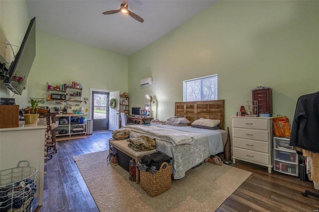 29455 State Highway Ac, Lebanon, MO 65536 - bedroom featuring high vaulted ceiling, dark wood-style flooring, an AC wall unit, and a ceiling fan