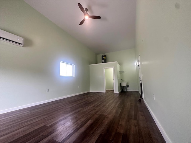 29455 State Highway Ac, Lebanon, MO 65536 - unfurnished living room with a wall mounted air conditioner, a ceiling fan, dark wood-style floors, baseboards, and vaulted ceiling