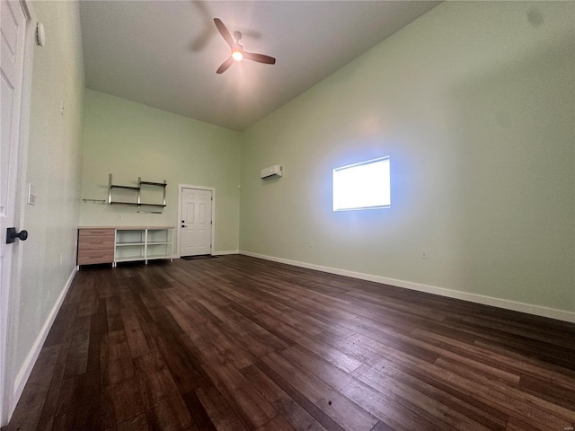 29455 State Highway Ac, Lebanon, MO 65536 - unfurnished bedroom with dark wood-style flooring, baseboards, lofted ceiling, and ceiling fan