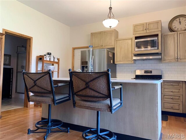24613 Shady Oak Pl, Perry, MO 63462 - kitchen featuring stainless steel appliances, light wood finished floors, backsplash, and light countertops