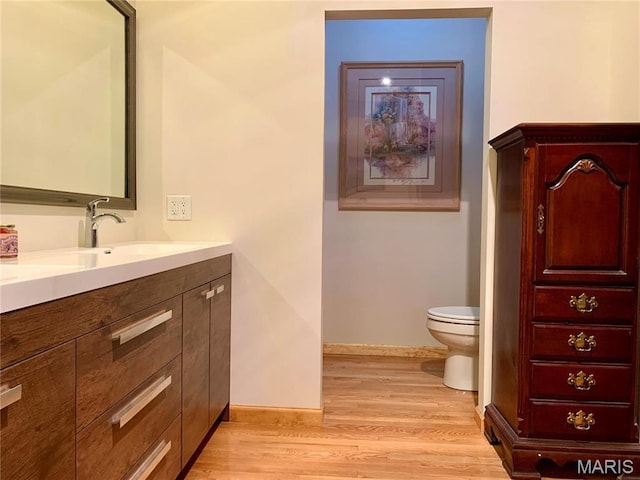 24613 Shady Oak Pl, Perry, MO 63462 - bathroom featuring toilet, baseboards, wood finished floors, and vanity
