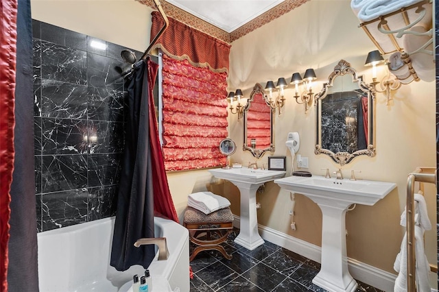 813 S 4th St, Clarksville, MO 63336 - bathroom with marble look tile flooring, shower / tub combo with curtain, and baseboards