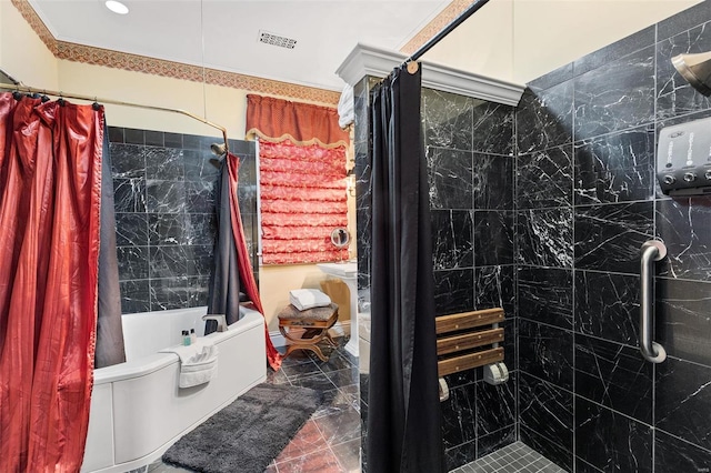 813 S 4th St, Clarksville, MO 63336 - full bath featuring marble tiled floors and shower / tub combo