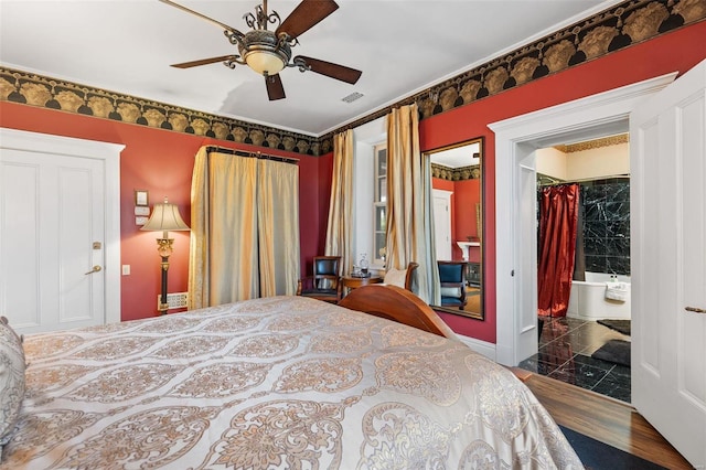 813 S 4th St, Clarksville, MO 63336 - bedroom with crown molding, ensuite bath, and ceiling fan