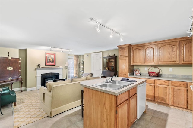 813 S 4th St, Clarksville, MO 63336 - kitchen with track lighting, a sink, dishwasher, light countertops, and a fireplace