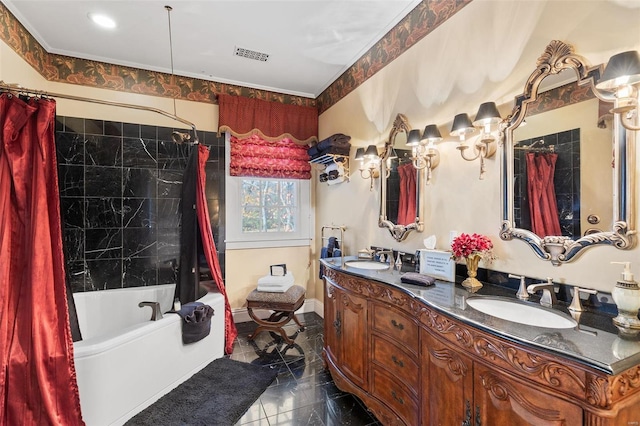 813 S 4th St, Clarksville, MO 63336 - bathroom with shower / bath combination with curtain, double vanity, and baseboards