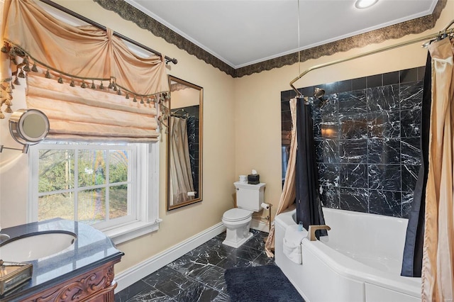 813 S 4th St, Clarksville, MO 63336 - full bath featuring baseboards, marble finish flooring, toilet, shower / bathtub combination with curtain, and vanity