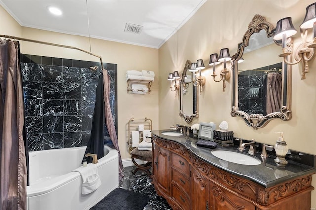 813 S 4th St, Clarksville, MO 63336 - full bath with marble tiled flooring, crown molding, shower / bath combination with curtain, double vanity, and recessed lighting