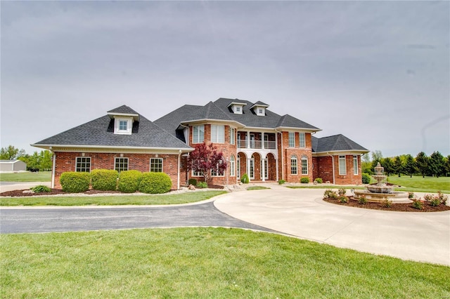 view of front of house with brick siding, a front yard, and curved driveway