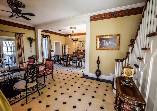 16093 Hwy W, Clarksville, MO 63336 - dining space with baseboards, a ceiling fan, ornamental molding, a chandelier, and stairs