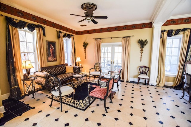 16093 Hwy W, Clarksville, MO 63336 - sitting room with baseboards, ceiling fan, french doors, ornamental molding, and decorative columns
