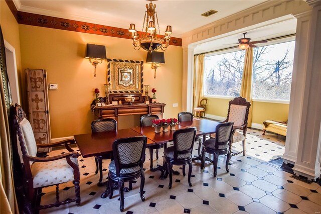 16093 Hwy W, Clarksville, MO 63336 - dining space with ornate columns, tile patterned floors, a chandelier, and crown molding