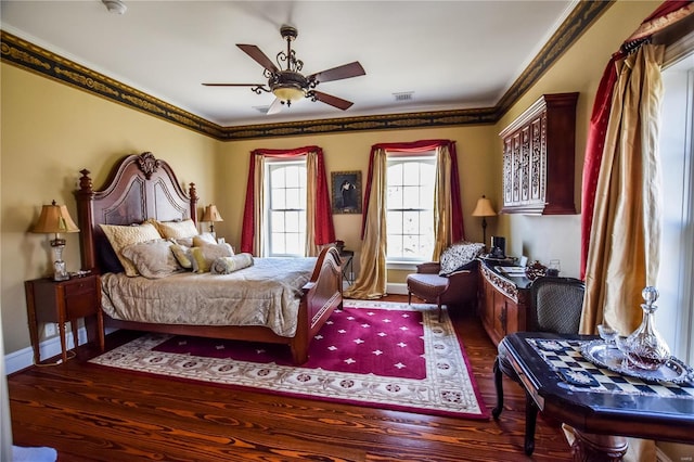 16093 Hwy W, Clarksville, MO 63336 - bedroom featuring wood finished floors, baseboards, crown molding, and ceiling fan