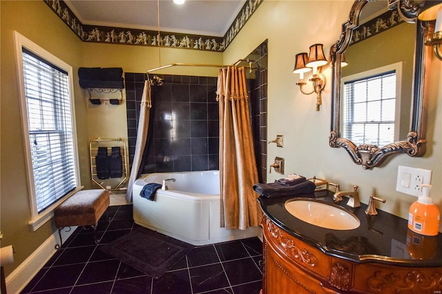 16093 Hwy W, Clarksville, MO 63336 - full bath with tile patterned floors, vanity, shower / bath combination with curtain, and ornamental molding